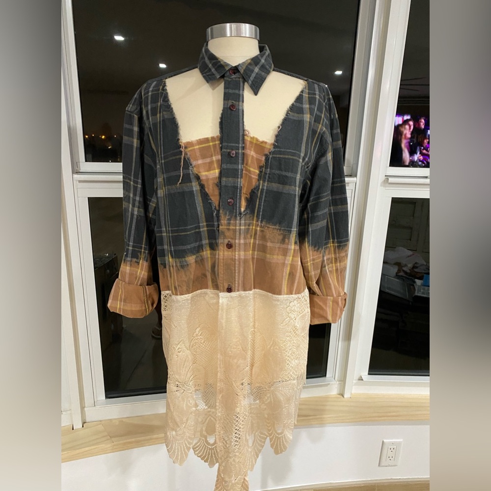 Vintage & Reborn Flannel button down shirt with lace & cutouts on the front.